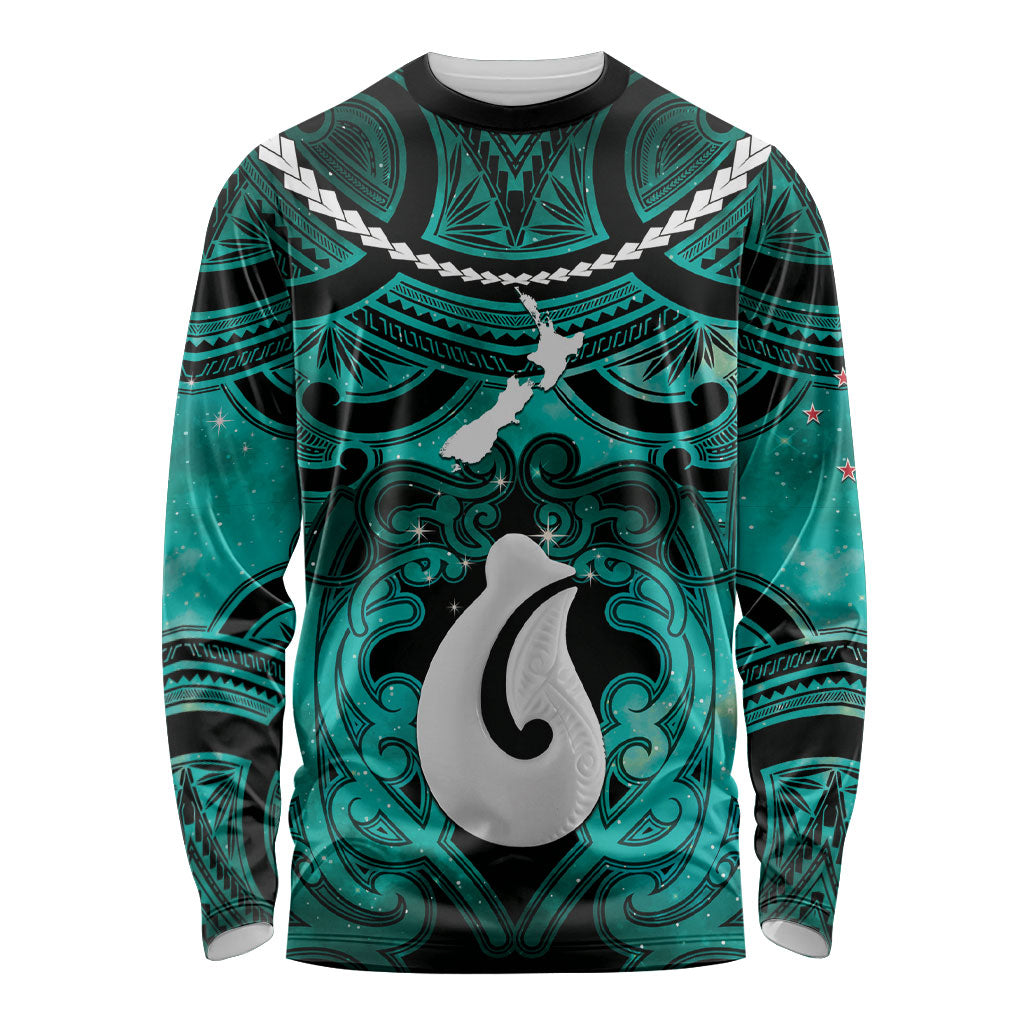 Personalised Maori Matariki Hei Matau Turquoise Long Sleeve Shirt Maori Kowhaiwhai Pattern Galaxy LT01 Unisex Turquoise - Polynesian Pride