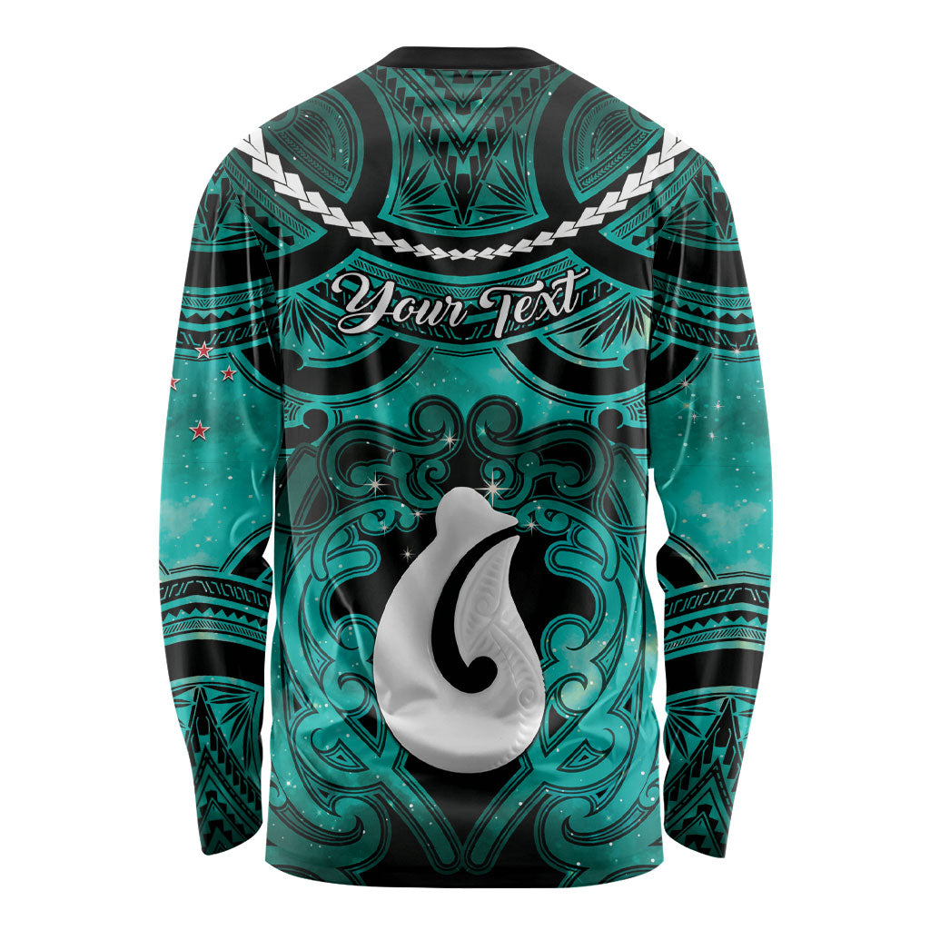 Personalised Maori Matariki Hei Matau Turquoise Long Sleeve Shirt Maori Kowhaiwhai Pattern Galaxy LT01 - Polynesian Pride