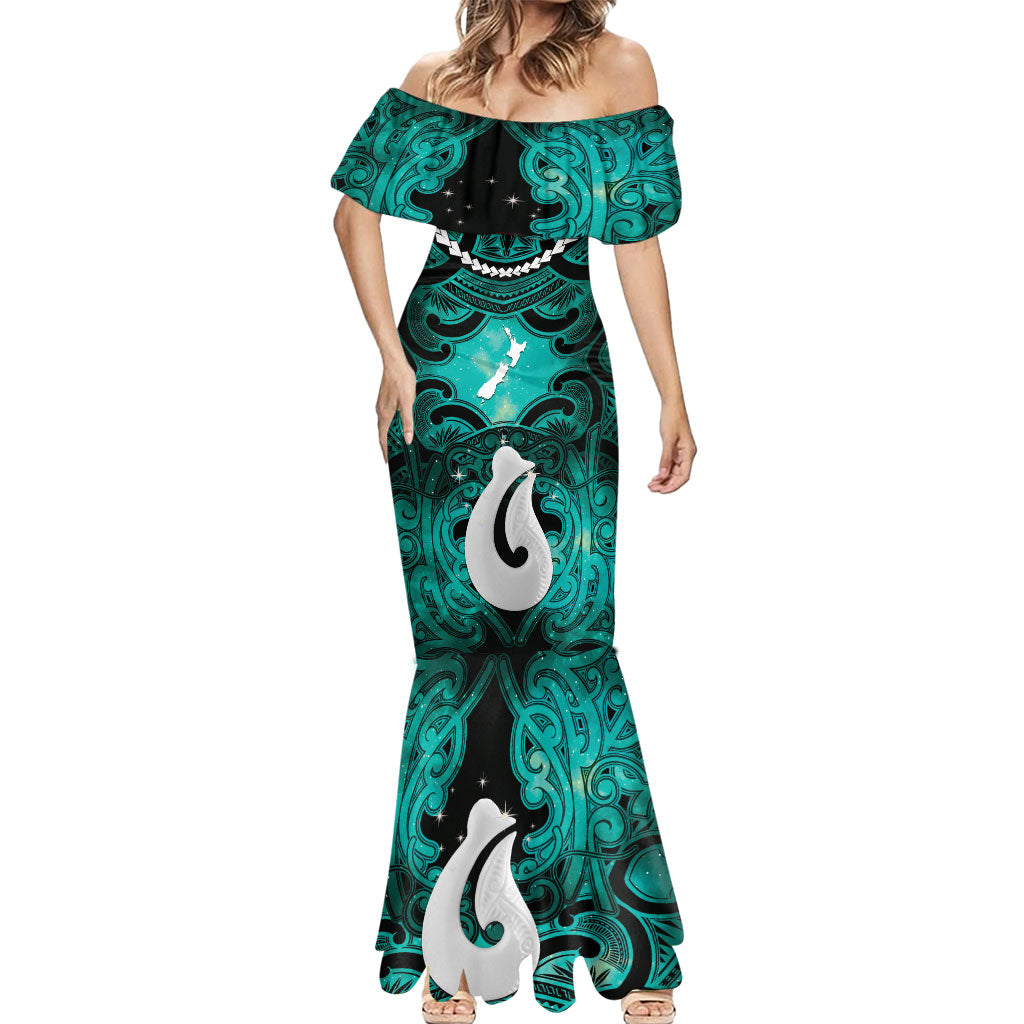 Personalised Maori Matariki Hei Matau Turquoise Mermaid Dress Maori Kowhaiwhai Pattern Galaxy LT01 - Polynesian Pride