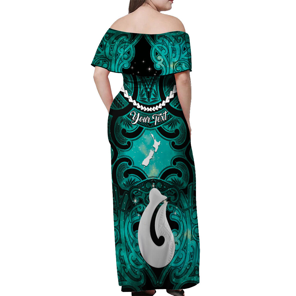 Personalised Maori Matariki Hei Matau Turquoise Off Shoulder Maxi Dress Maori Kowhaiwhai Pattern Galaxy LT01 - Polynesian Pride