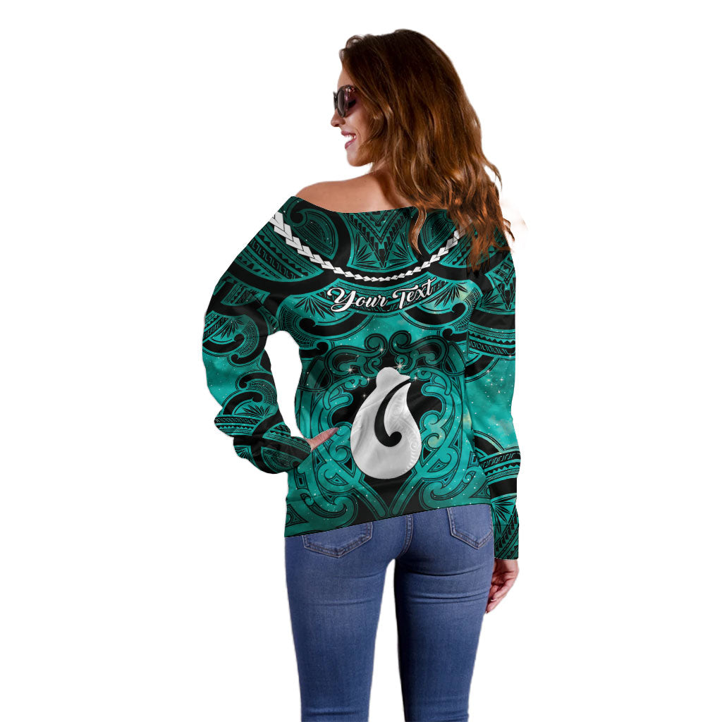 Personalised Maori Matariki Hei Matau Turquoise Off Shoulder Sweater Maori Kowhaiwhai Pattern Galaxy LT01 - Polynesian Pride