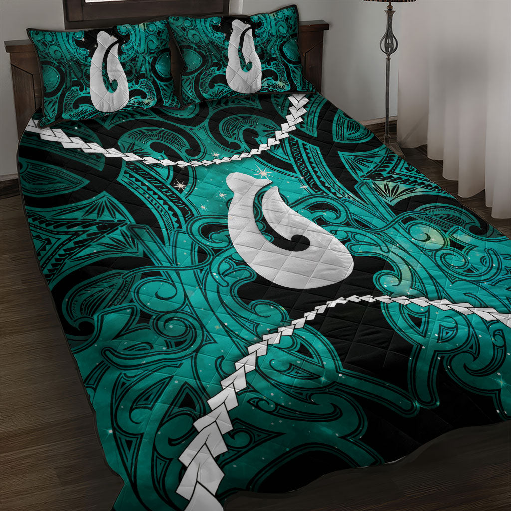 Maori Matariki Hei Matau Turquoise Quilt Bed Set Maori Kowhaiwhai Pattern Galaxy LT01 Turquoise - Polynesian Pride