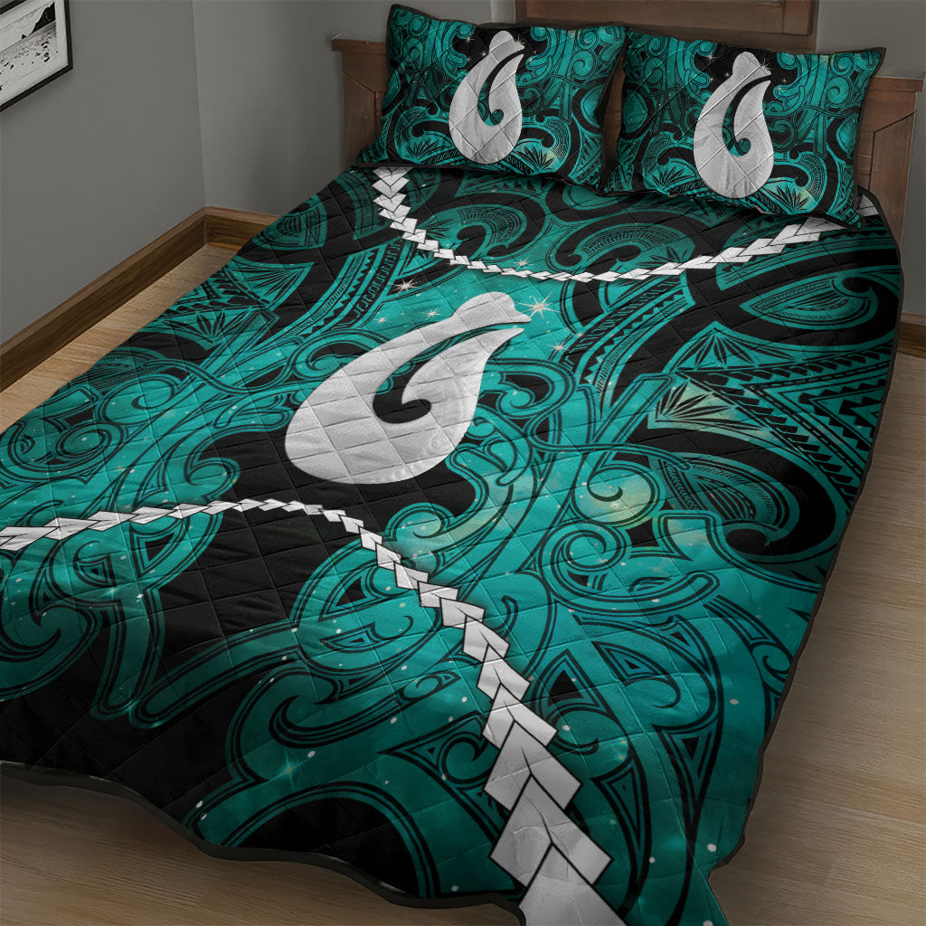 Maori Matariki Hei Matau Turquoise Quilt Bed Set Maori Kowhaiwhai Pattern Galaxy LT01 - Polynesian Pride