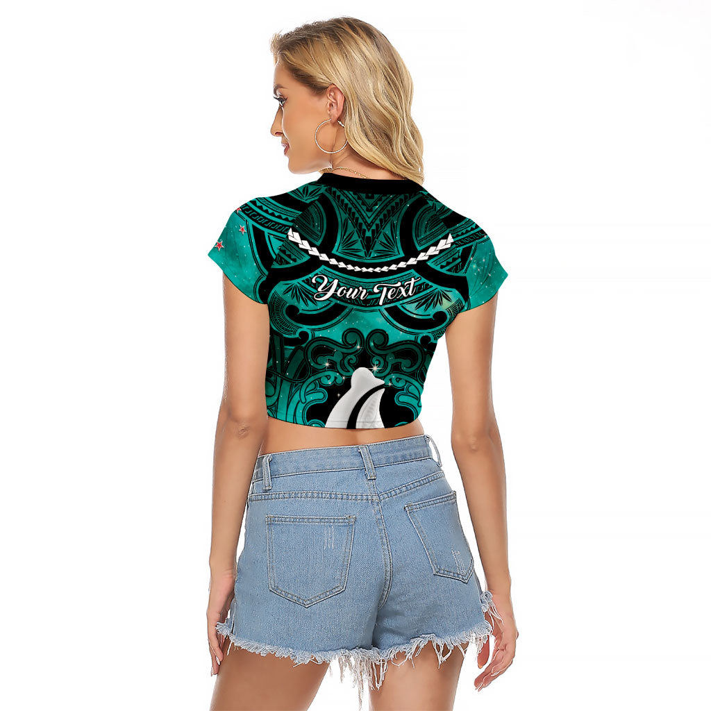 Personalised Maori Matariki Hei Matau Turquoise Raglan Cropped T Shirt Maori Kowhaiwhai Pattern Galaxy LT01 - Polynesian Pride
