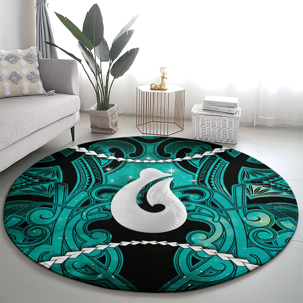 Maori Matariki Hei Matau Turquoise Round Carpet Maori Kowhaiwhai Pattern Galaxy LT01 - Polynesian Pride