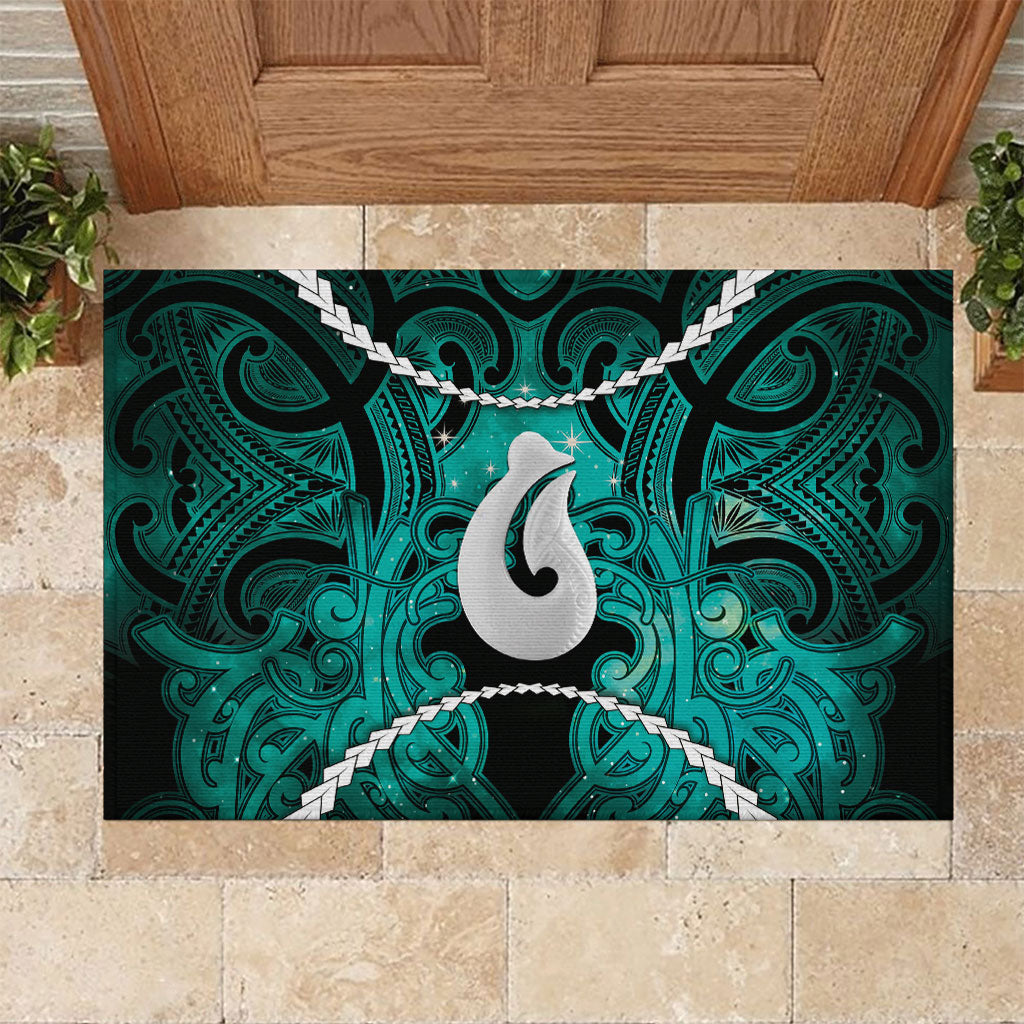 Maori Matariki Hei Matau Turquoise Rubber Doormat Maori Kowhaiwhai Pattern Galaxy