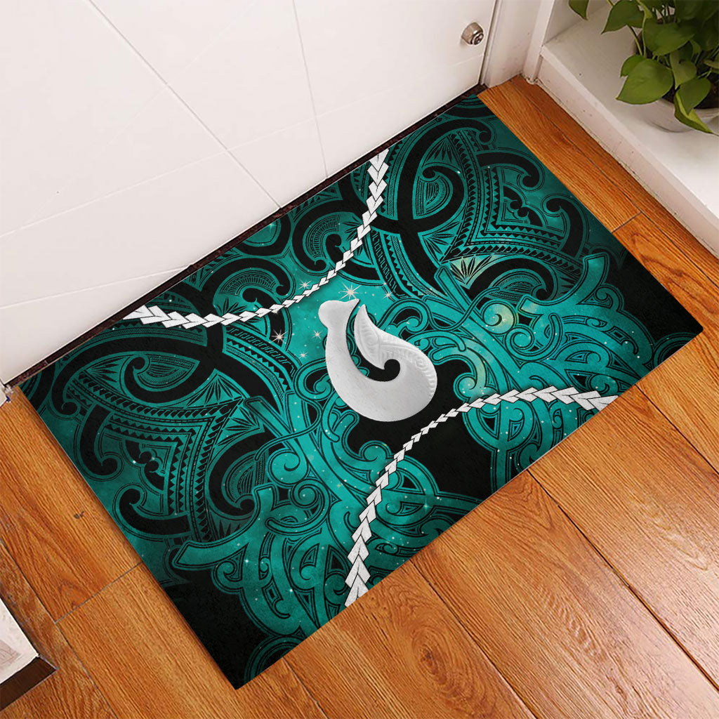 Maori Matariki Hei Matau Turquoise Rubber Doormat Maori Kowhaiwhai Pattern Galaxy