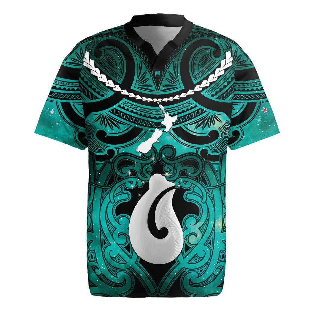 Personalised Maori Matariki Hei Matau Turquoise Rugby Jersey Maori Kowhaiwhai Pattern Galaxy LT01 Turquoise - Polynesian Pride