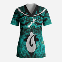 Personalised Maori Matariki Hei Matau Turquoise Scrub Top Maori Kowhaiwhai Pattern Galaxy LT01 Adult Turquoise - Polynesian Pride