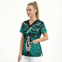 Personalised Maori Matariki Hei Matau Turquoise Scrub Top Maori Kowhaiwhai Pattern Galaxy LT01 - Polynesian Pride