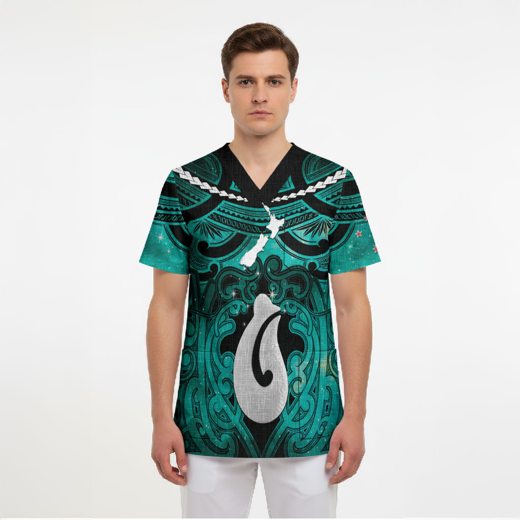 Personalised Maori Matariki Hei Matau Turquoise Scrub Top Maori Kowhaiwhai Pattern Galaxy LT01 - Polynesian Pride