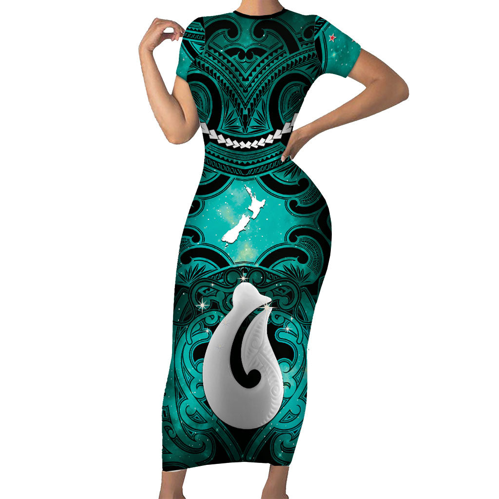 Personalised Maori Matariki Hei Matau Turquoise Short Sleeve Bodycon Dress Maori Kowhaiwhai Pattern Galaxy LT01 Long Dress Turquoise - Polynesian Pride