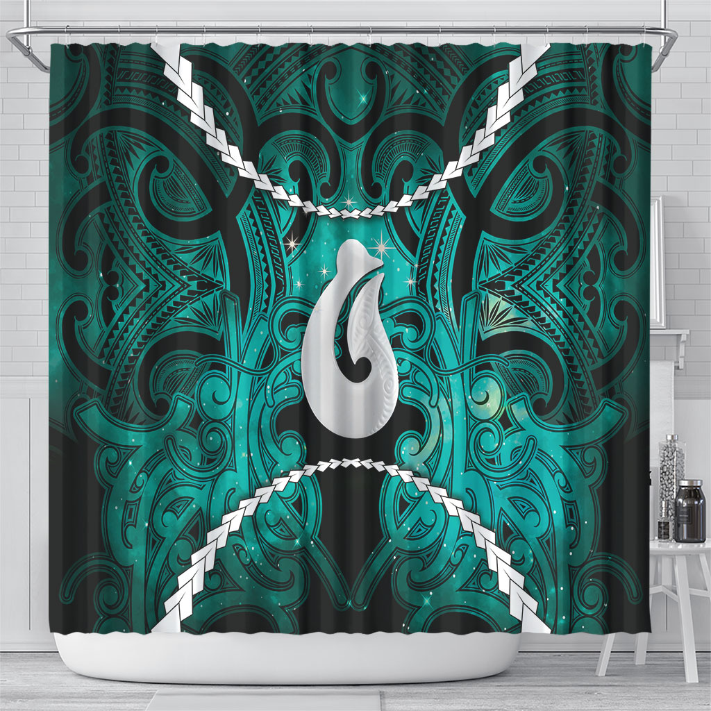 Maori Matariki Hei Matau Turquoise Shower Curtain Maori Kowhaiwhai Pattern Galaxy LT01 - Polynesian Pride