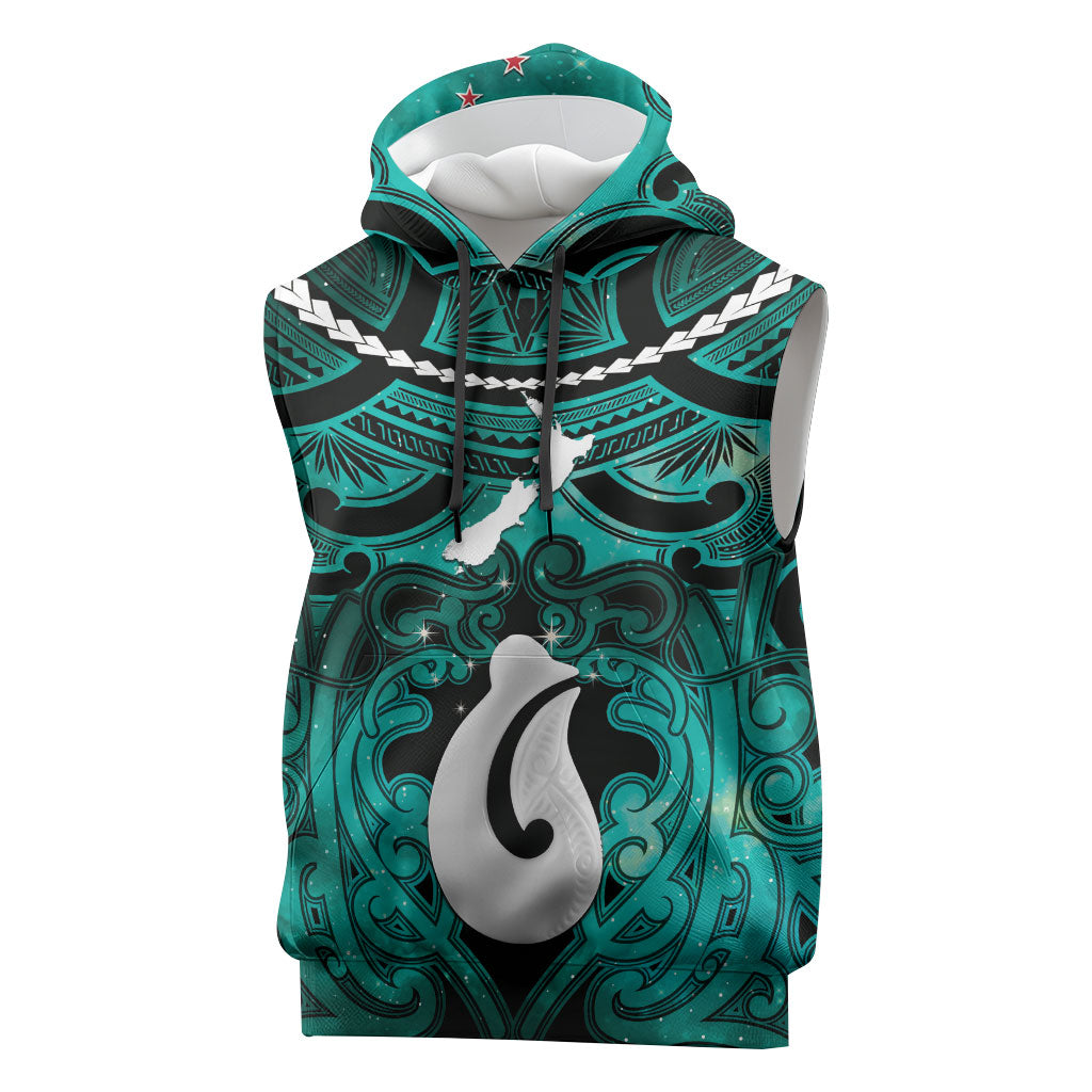 Personalised Maori Matariki Hei Matau Turquoise Sleeveless Hoodie Maori Kowhaiwhai Pattern Galaxy LT01 Turquoise - Polynesian Pride