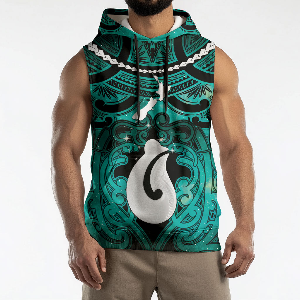 Personalised Maori Matariki Hei Matau Turquoise Sleeveless Hoodie Maori Kowhaiwhai Pattern Galaxy LT01 - Polynesian Pride