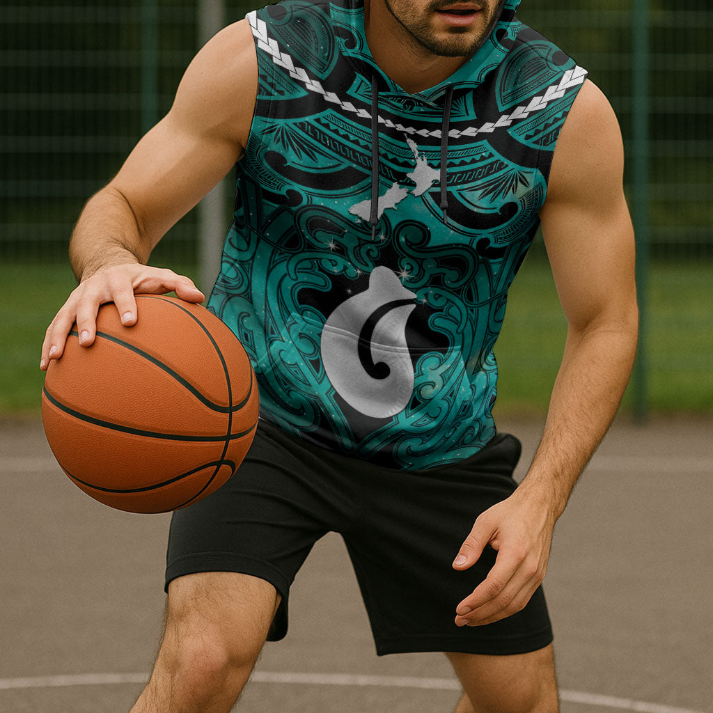 Personalised Maori Matariki Hei Matau Turquoise Sleeveless Hoodie Maori Kowhaiwhai Pattern Galaxy LT01 - Polynesian Pride