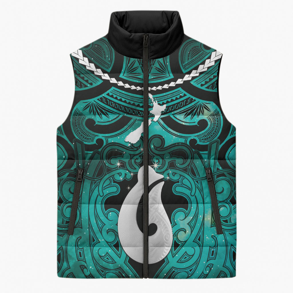 Personalised Maori Matariki Hei Matau Turquoise Sleeveless Puffer Jacket Maori Kowhaiwhai Pattern Galaxy LT01 Unisex Turquoise - Polynesian Pride