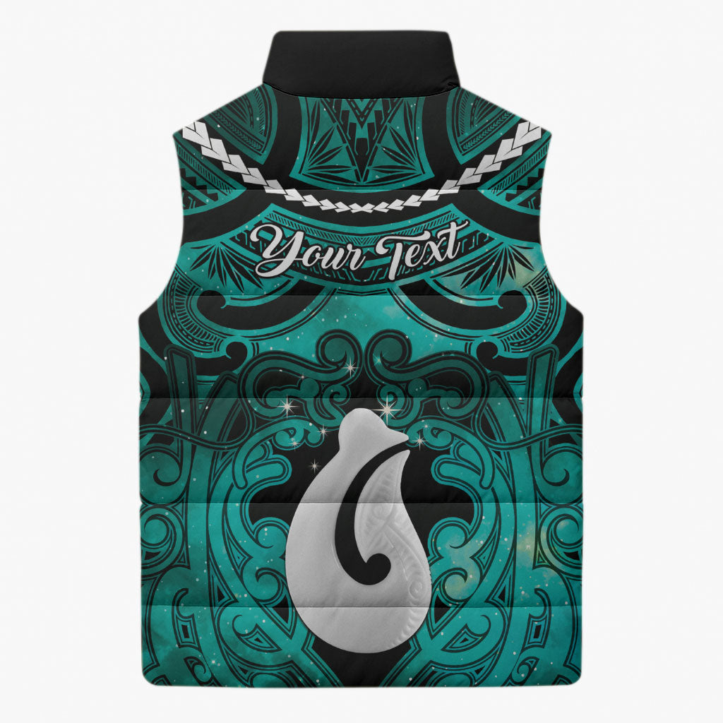 Personalised Maori Matariki Hei Matau Turquoise Sleeveless Puffer Jacket Maori Kowhaiwhai Pattern Galaxy LT01 - Polynesian Pride