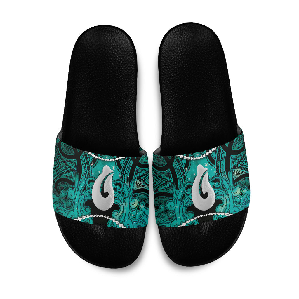 Maori Matariki Hei Matau Turquoise Slide Sandals Maori Kowhaiwhai Pattern Galaxy LT01 Turquoise - Polynesian Pride