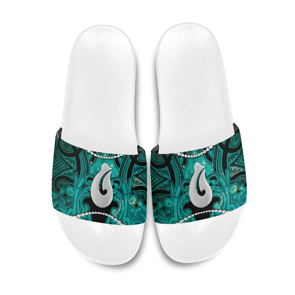 Maori Matariki Hei Matau Turquoise Slide Sandals Maori Kowhaiwhai Pattern Galaxy LT01 Turquoise - Polynesian Pride