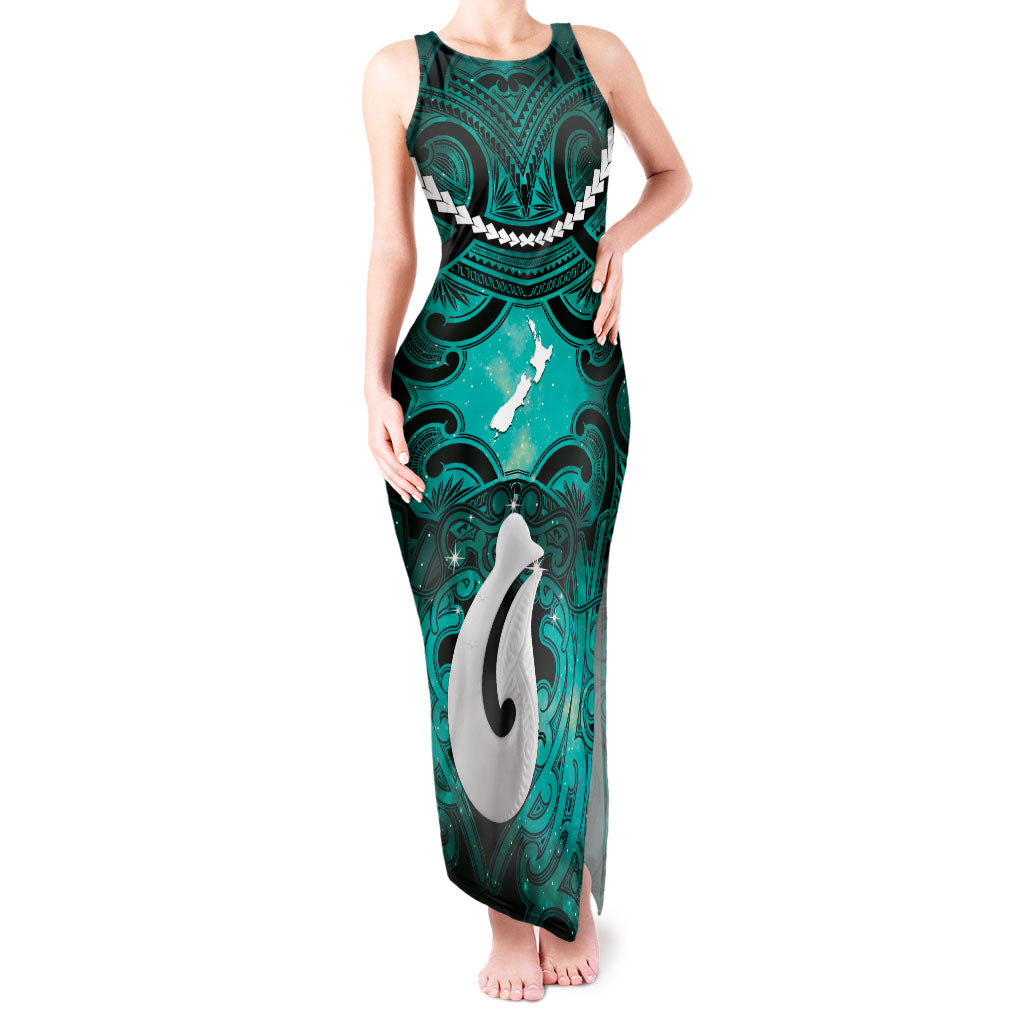 Personalised Maori Matariki Hei Matau Turquoise Tank Maxi Dress Maori Kowhaiwhai Pattern Galaxy LT01 Women Turquoise - Polynesian Pride