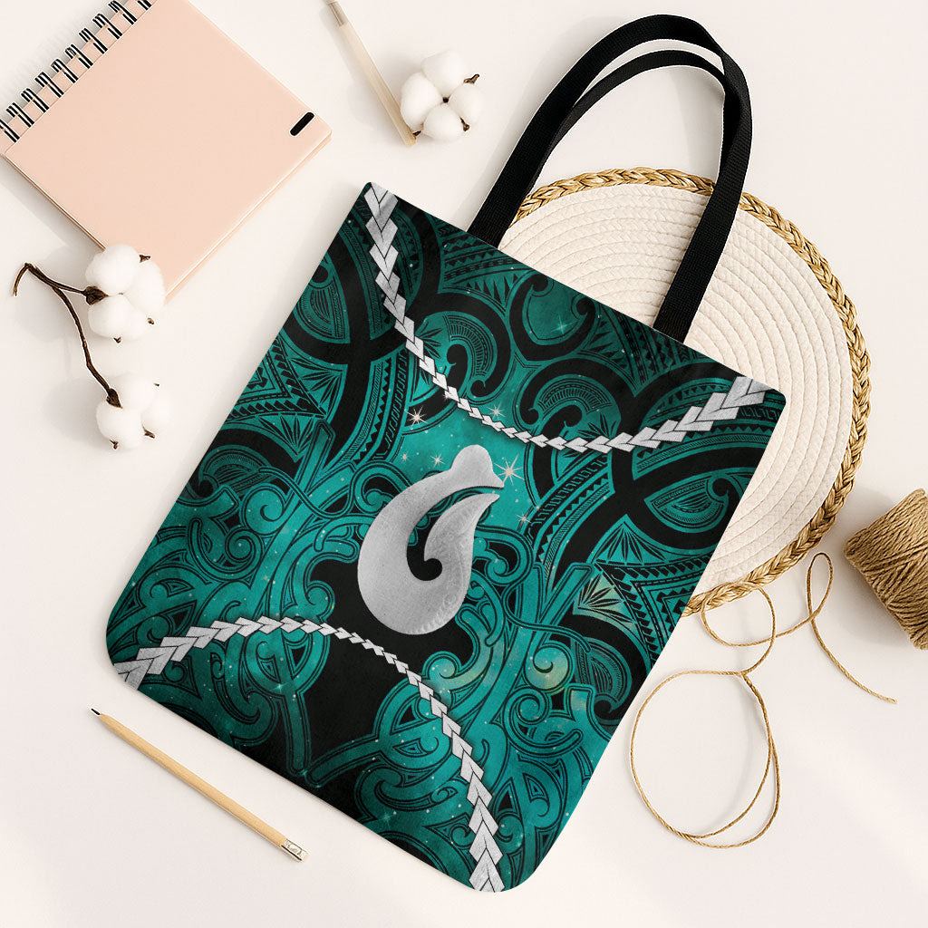 Maori Matariki Hei Matau Turquoise Tote Bag Maori Kowhaiwhai Pattern Galaxy LT01 Black Strap One Size Turquoise - Polynesian Pride