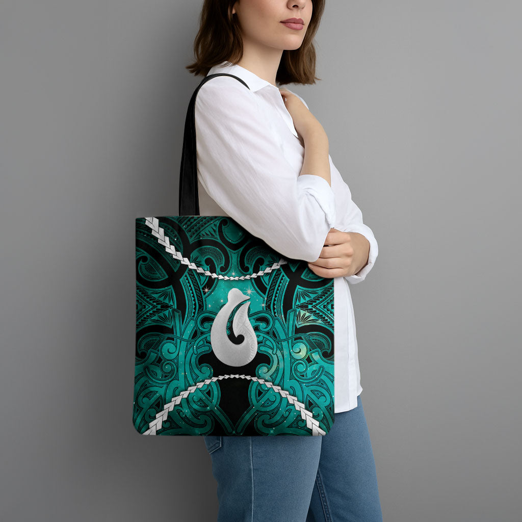 Maori Matariki Hei Matau Turquoise Tote Bag Maori Kowhaiwhai Pattern Galaxy LT01 - Polynesian Pride