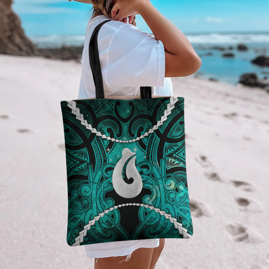 Maori Matariki Hei Matau Turquoise Tote Bag Maori Kowhaiwhai Pattern Galaxy LT01 - Polynesian Pride