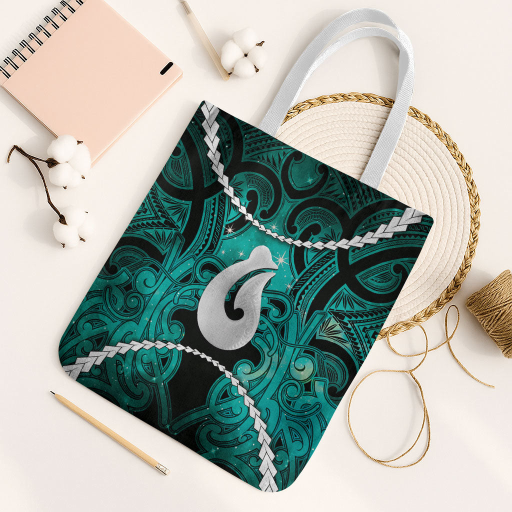Maori Matariki Hei Matau Turquoise Tote Bag Maori Kowhaiwhai Pattern Galaxy LT01 White Strap One Size Turquoise - Polynesian Pride