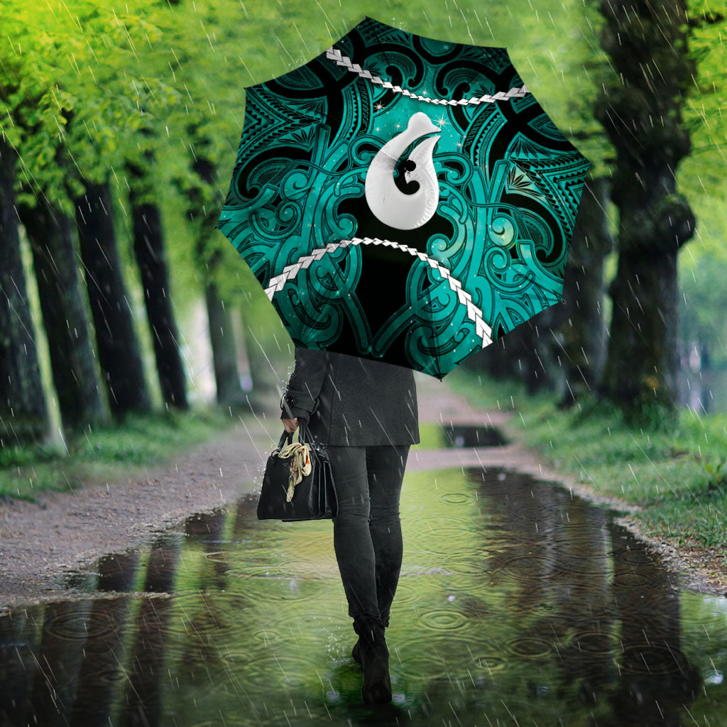 Maori Matariki Hei Matau Turquoise Umbrella Maori Kowhaiwhai Pattern Galaxy LT01 - Polynesian Pride