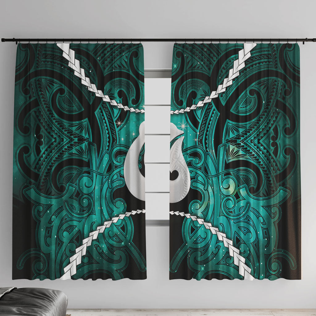 Maori Matariki Hei Matau Turquoise Window Curtain Maori Kowhaiwhai Pattern Galaxy LT01 With Hooks Turquoise - Polynesian Pride
