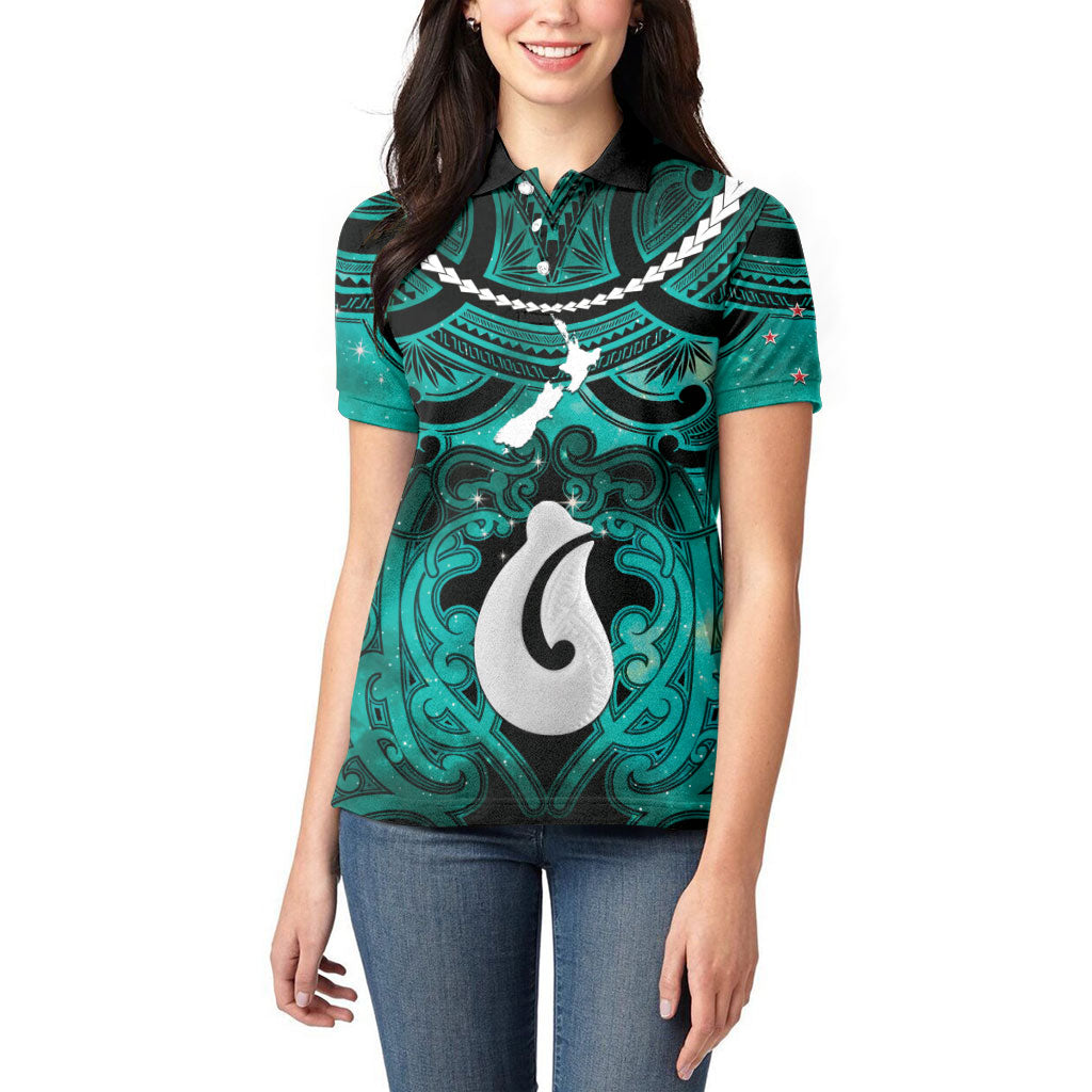 Personalised Maori Matariki Hei Matau Turquoise Women Polo Shirt Maori Kowhaiwhai Pattern Galaxy LT01 - Polynesian Pride