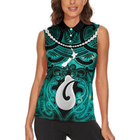 Personalised Maori Matariki Hei Matau Turquoise Women Sleeveless Polo Shirt Maori Kowhaiwhai Pattern Galaxy