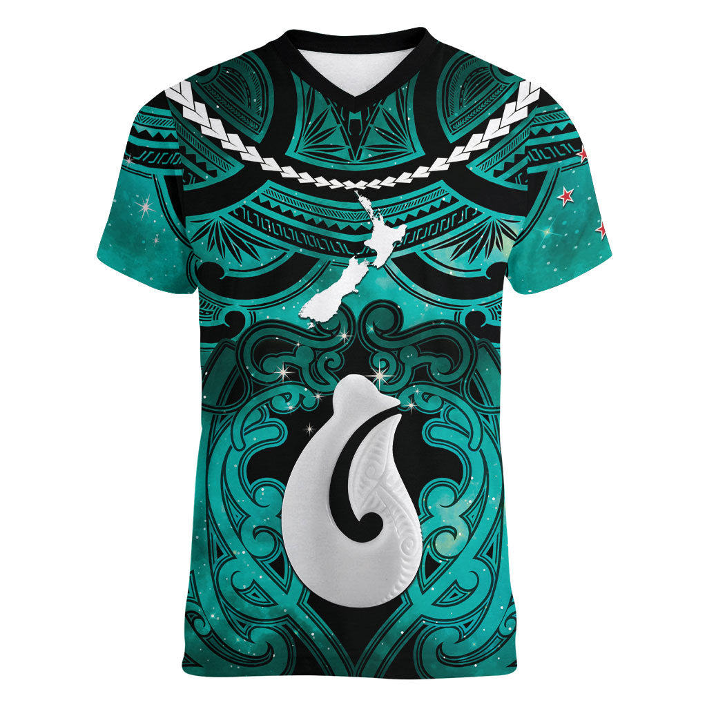 Personalised Maori Matariki Hei Matau Turquoise Women V-Neck T-Shirt Maori Kowhaiwhai Pattern Galaxy