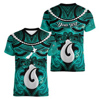 Personalised Maori Matariki Hei Matau Turquoise Women V-Neck T-Shirt Maori Kowhaiwhai Pattern Galaxy LT01 - Polynesian Pride