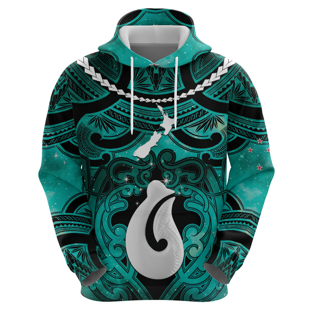 Personalised Maori Matariki Hei Matau Turquoise Zip Hoodie Maori Kowhaiwhai Pattern Galaxy LT01 - Polynesian Pride