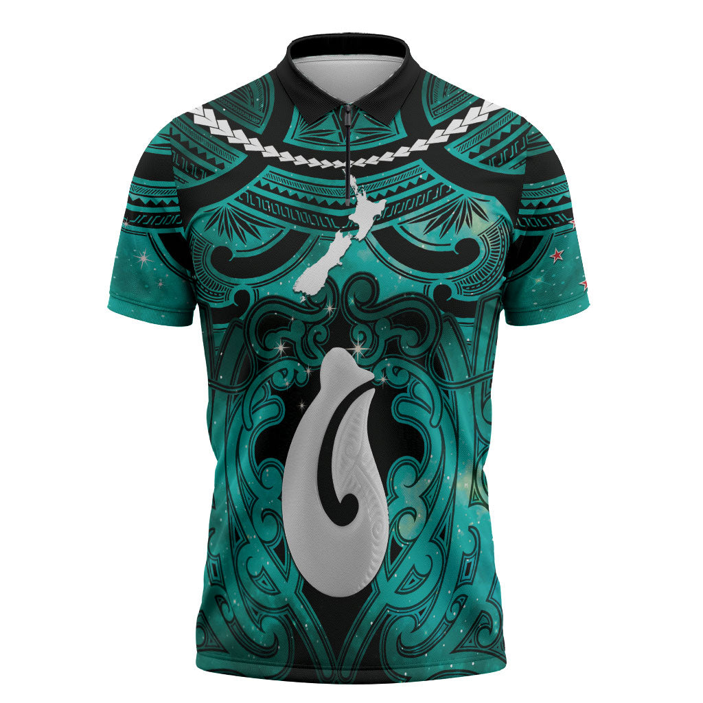 Personalised Maori Matariki Hei Matau Turquoise Zipper Polo Shirt Maori Kowhaiwhai Pattern Galaxy LT01 Turquoise - Polynesian Pride