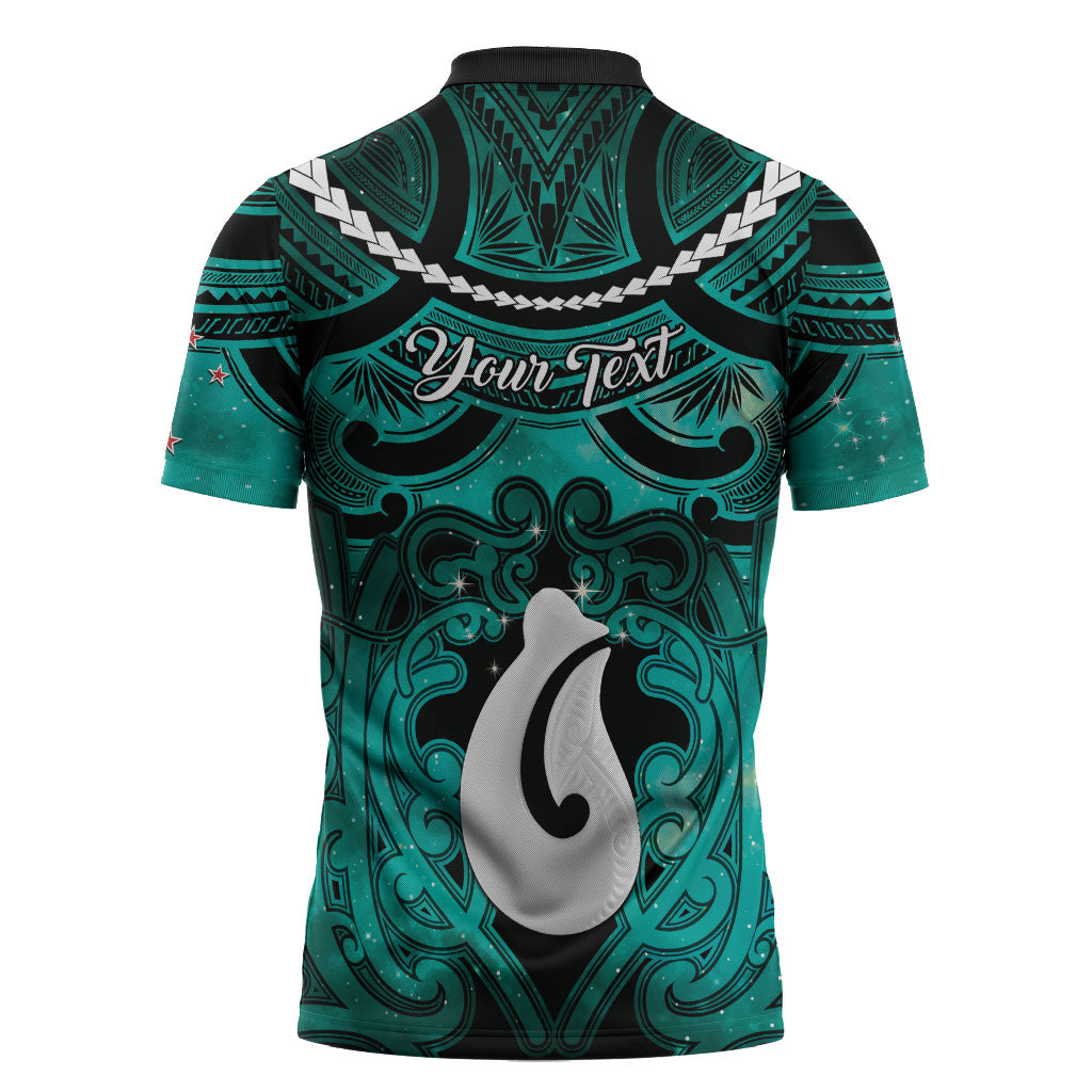 Personalised Maori Matariki Hei Matau Turquoise Zipper Polo Shirt Maori Kowhaiwhai Pattern Galaxy LT01 - Polynesian Pride