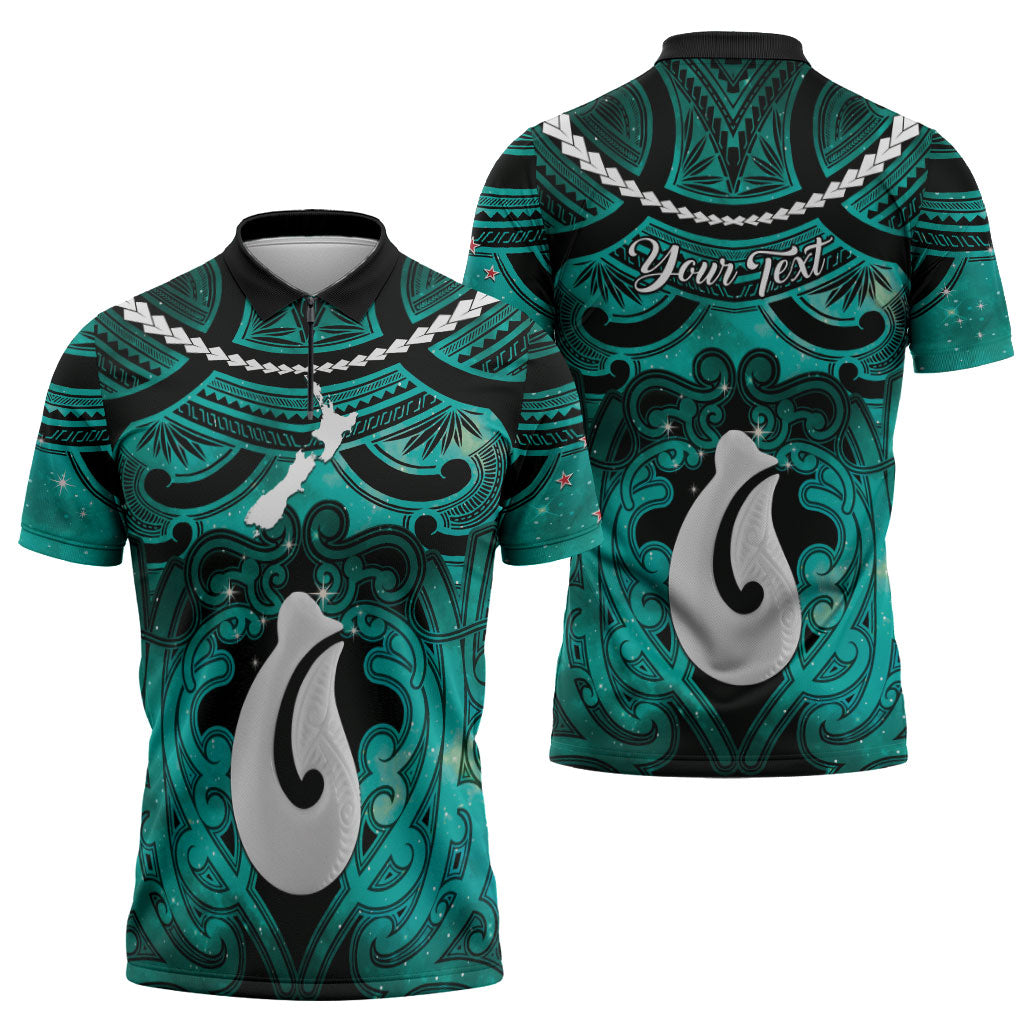 Personalised Maori Matariki Hei Matau Turquoise Zipper Polo Shirt Maori Kowhaiwhai Pattern Galaxy LT01 - Polynesian Pride