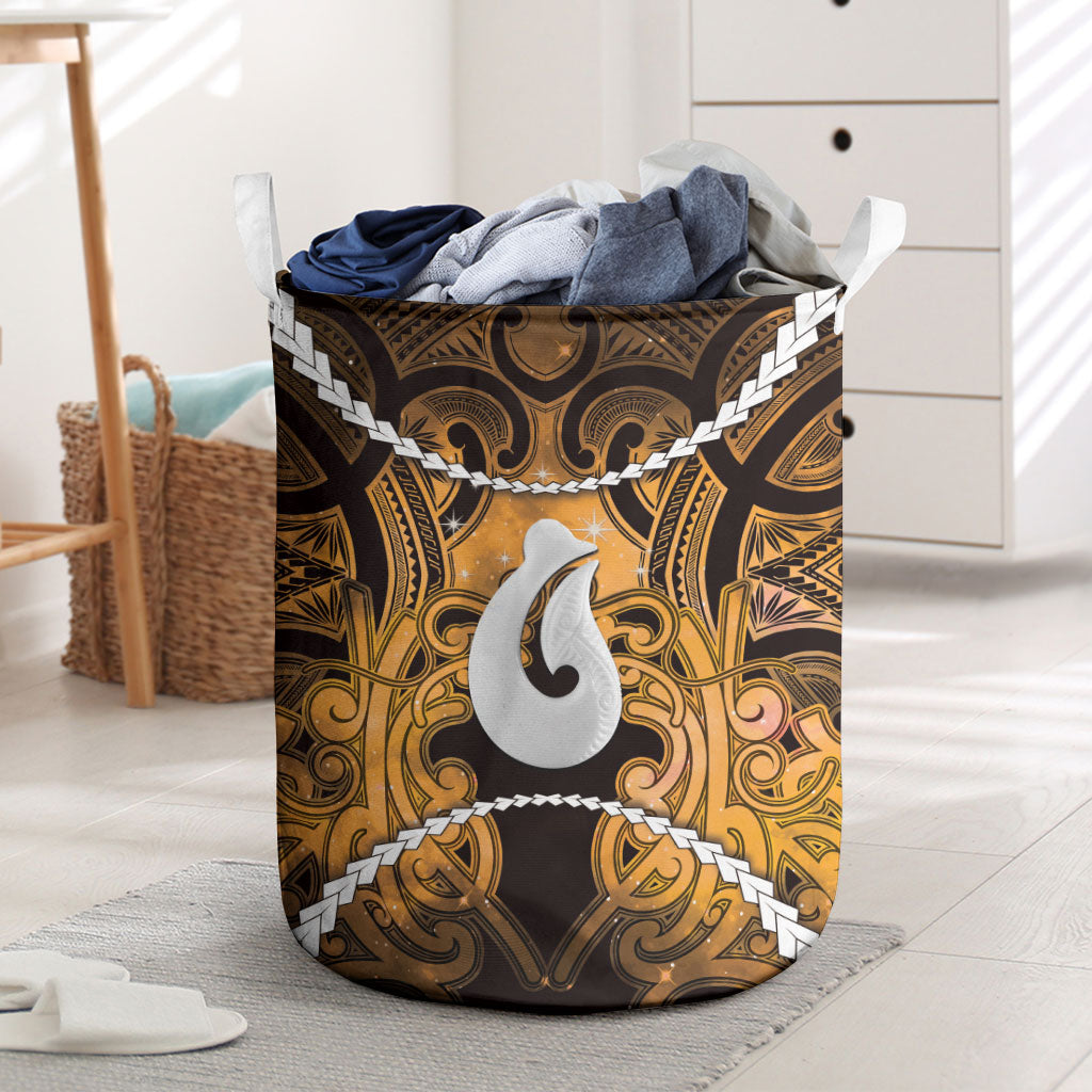 Maori Matariki Hei Matau Kowhai Laundry Basket Maori Kowhaiwhai Pattern Galaxy LT01 Yellow - Polynesian Pride