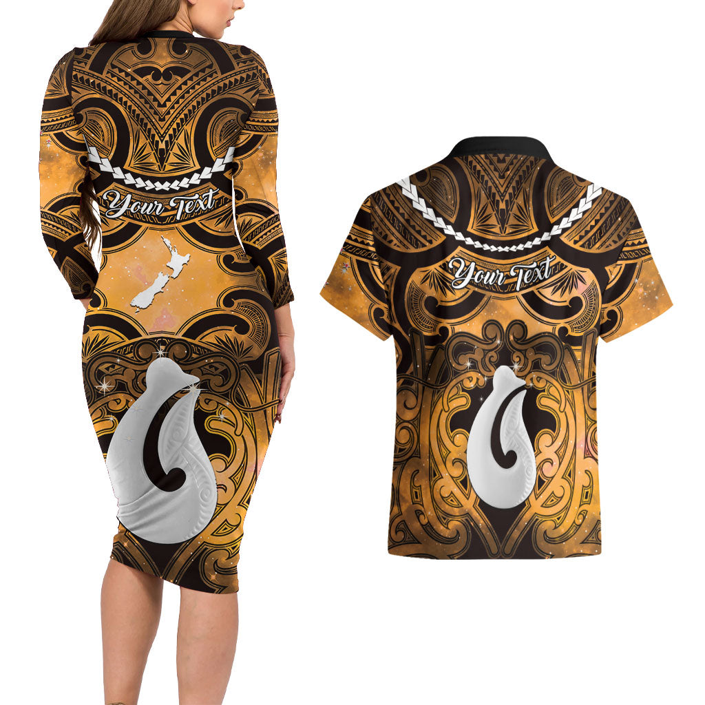 Personalised Maori Matariki Hei Matau Kowhai Couples Matching Long Sleeve Bodycon Dress and Hawaiian Shirt Maori Kowhaiwhai Pattern Galaxy