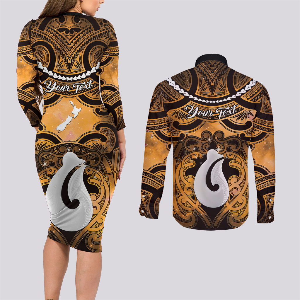 Personalised Maori Matariki Hei Matau Kowhai Couples Matching Long Sleeve Bodycon Dress and Long Sleeve Button Shirt Maori Kowhaiwhai Pattern Galaxy