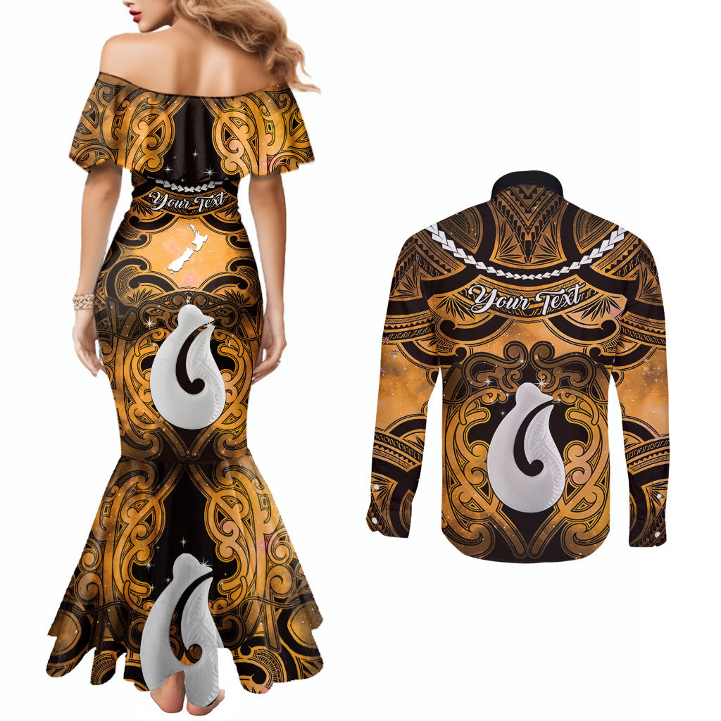 Personalised Maori Matariki Hei Matau Kowhai Couples Matching Mermaid Dress and Long Sleeve Button Shirt Maori Kowhaiwhai Pattern Galaxy