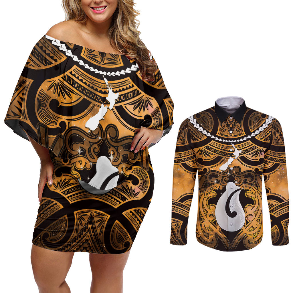 Personalised Maori Matariki Hei Matau Kowhai Couples Matching Off Shoulder Short Dress and Long Sleeve Button Shirt Maori Kowhaiwhai Pattern Galaxy LT01 Yellow - Polynesian Pride
