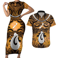 Personalised Maori Matariki Hei Matau Kowhai Couples Matching Short Sleeve Bodycon Dress and Hawaiian Shirt Maori Kowhaiwhai Pattern Galaxy