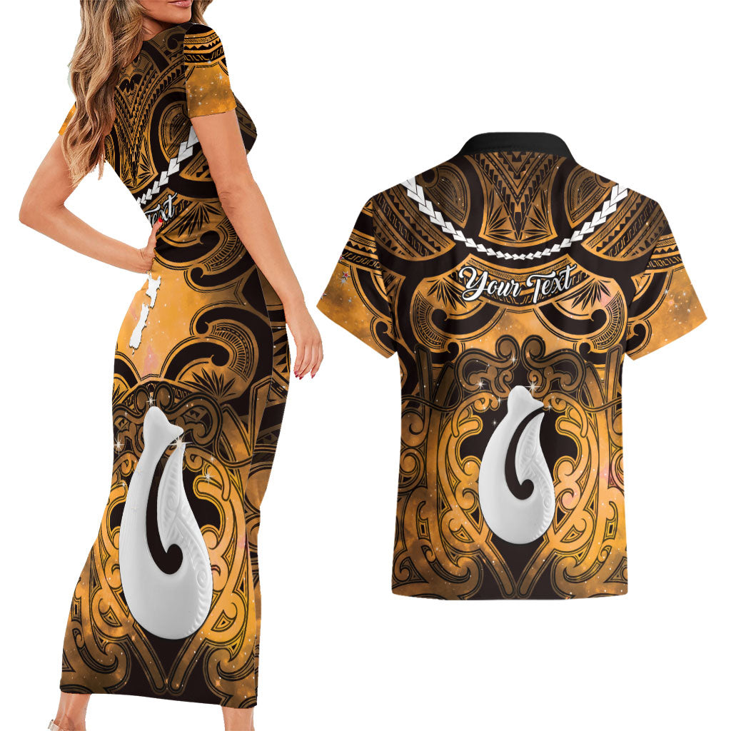 Personalised Maori Matariki Hei Matau Kowhai Couples Matching Short Sleeve Bodycon Dress and Hawaiian Shirt Maori Kowhaiwhai Pattern Galaxy
