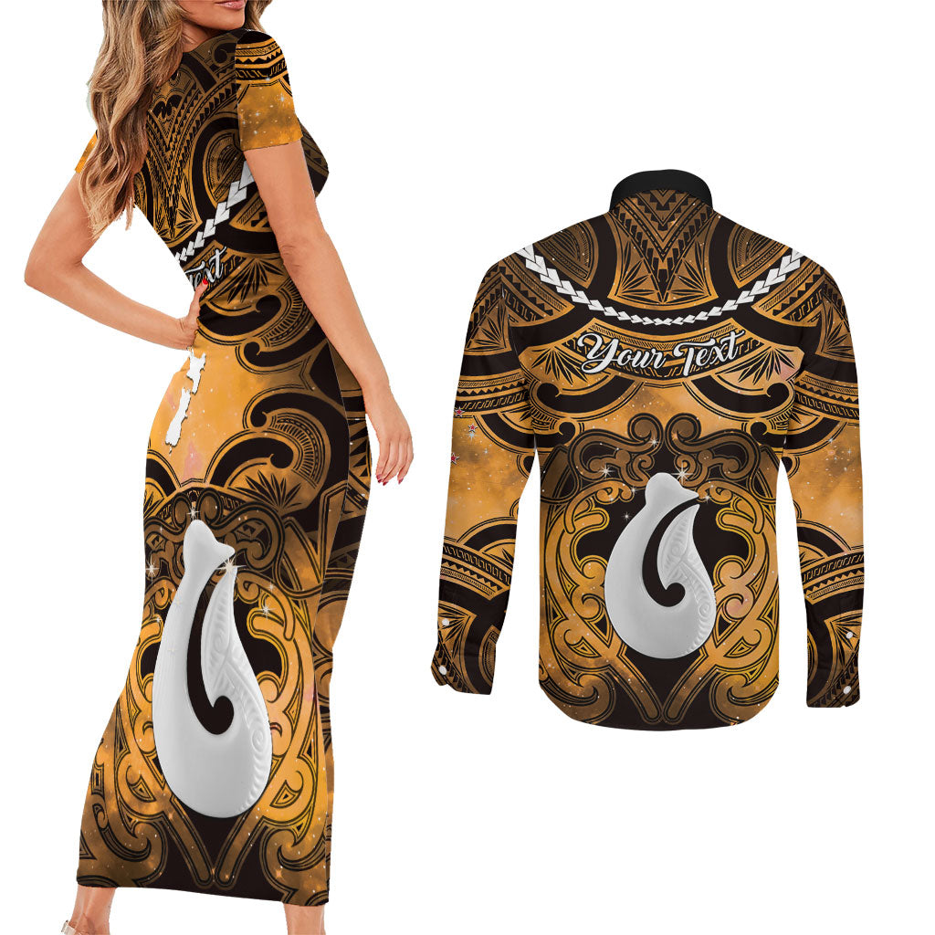 Personalised Maori Matariki Hei Matau Kowhai Couples Matching Short Sleeve Bodycon Dress and Long Sleeve Button Shirt Maori Kowhaiwhai Pattern Galaxy