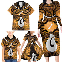 Personalised Maori Matariki Hei Matau Kowhai Family Matching Long Sleeve Bodycon Dress and Hawaiian Shirt Maori Kowhaiwhai Pattern Galaxy