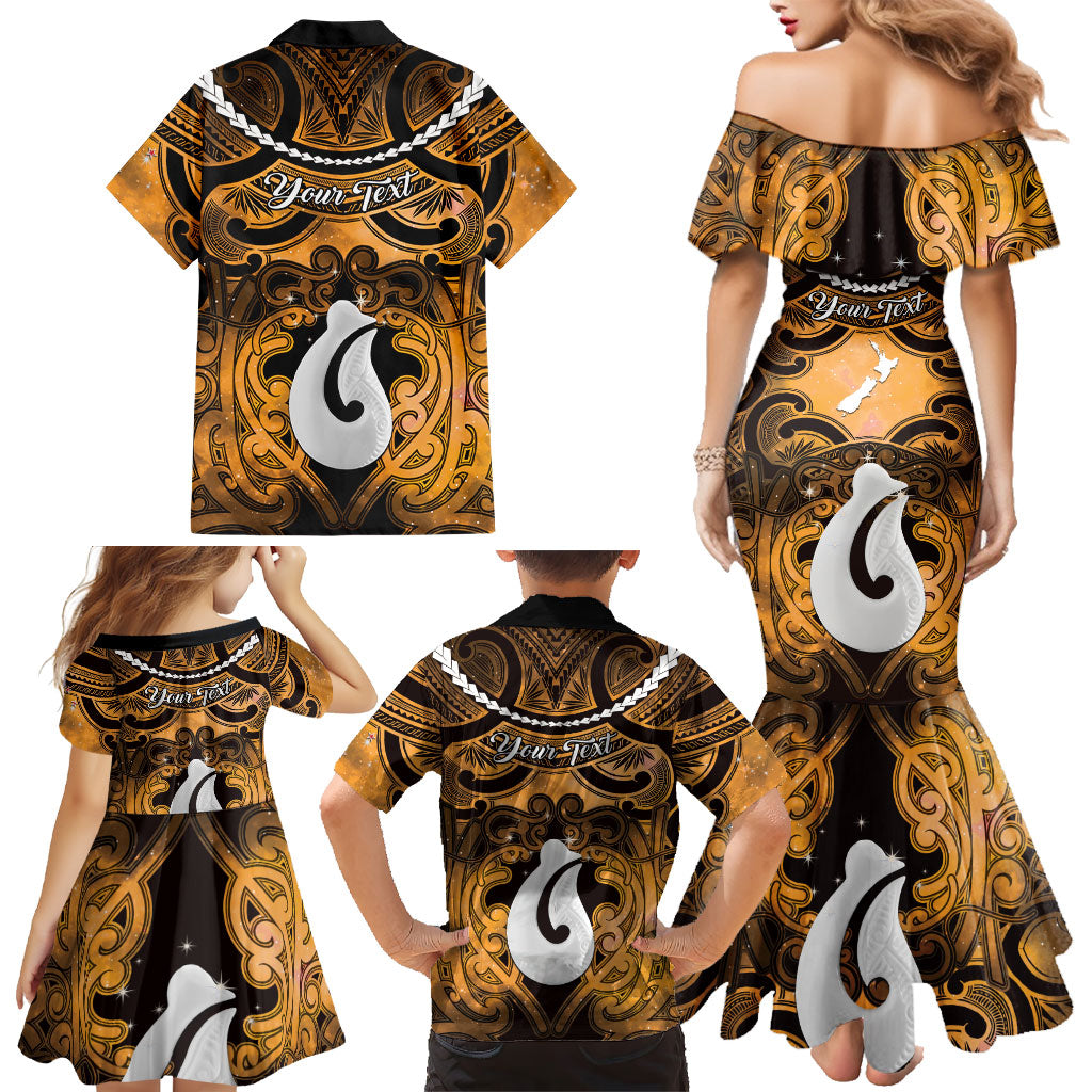 Personalised Maori Matariki Hei Matau Kowhai Family Matching Mermaid Dress and Hawaiian Shirt Maori Kowhaiwhai Pattern Galaxy
