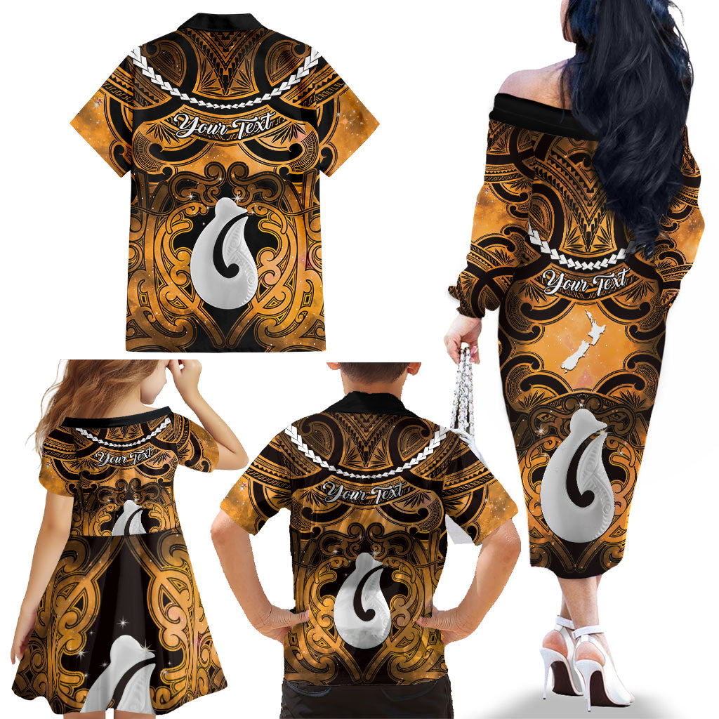 Personalised Maori Matariki Hei Matau Kowhai Family Matching Off The Shoulder Long Sleeve Dress and Hawaiian Shirt Maori Kowhaiwhai Pattern Galaxy